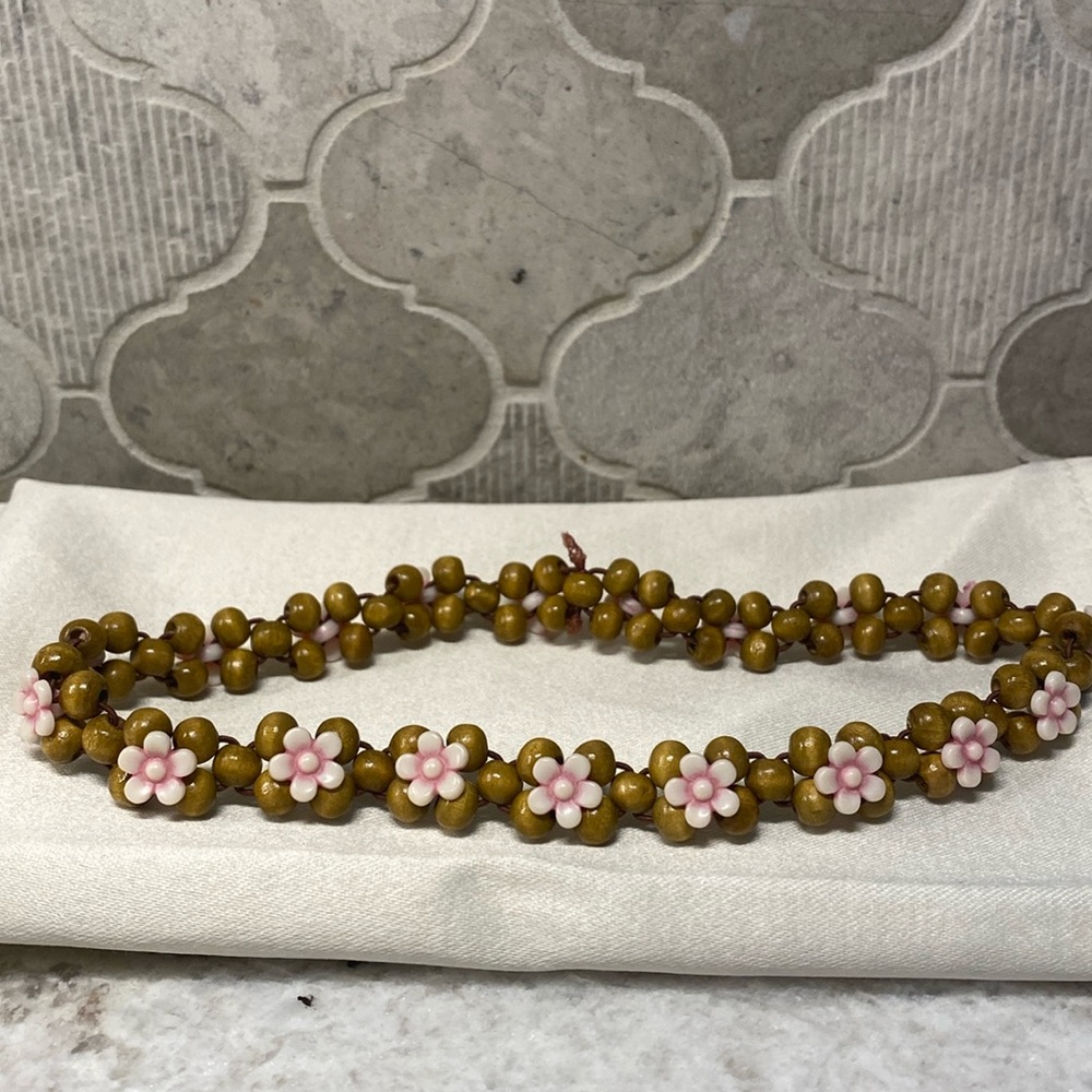 Wooden bead with pink flowers necklace